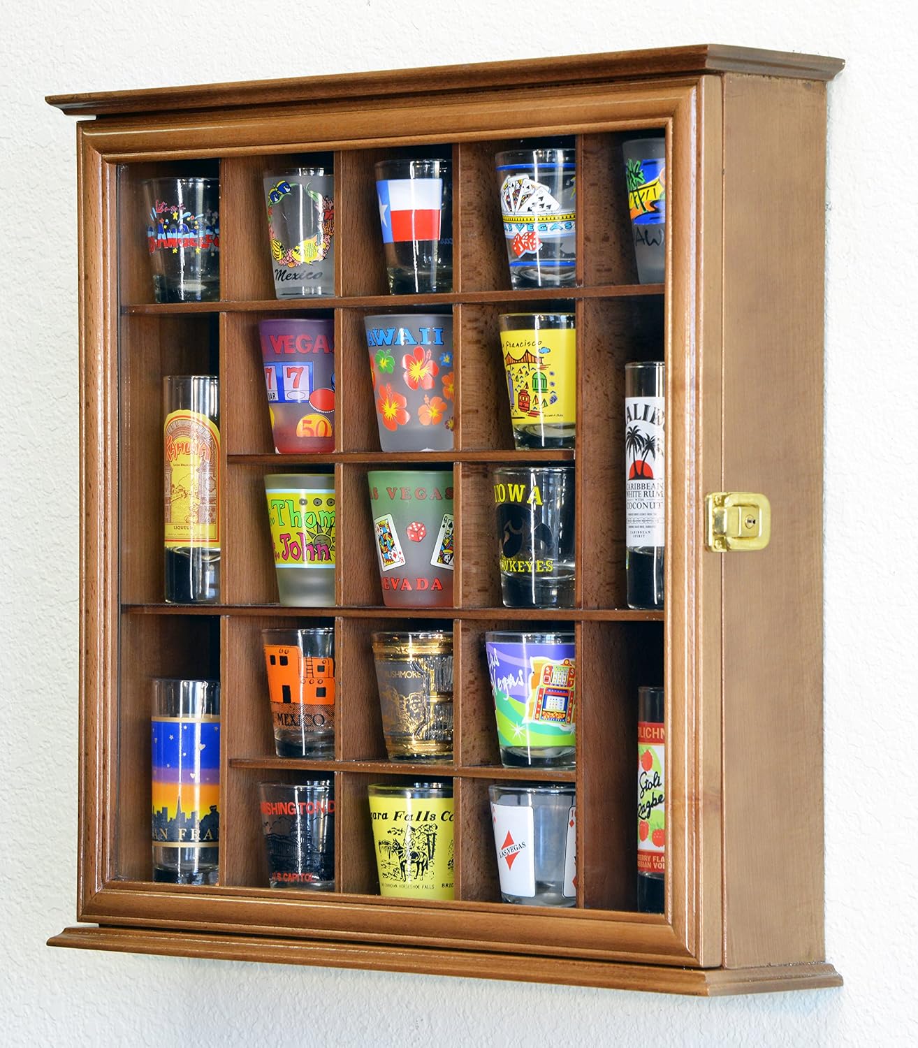 sfDisplay.com,LLC. 21 Shot Glass Shotglass Shooter Display Case Holder Cabinet Wall Rack 98% UV Lockable