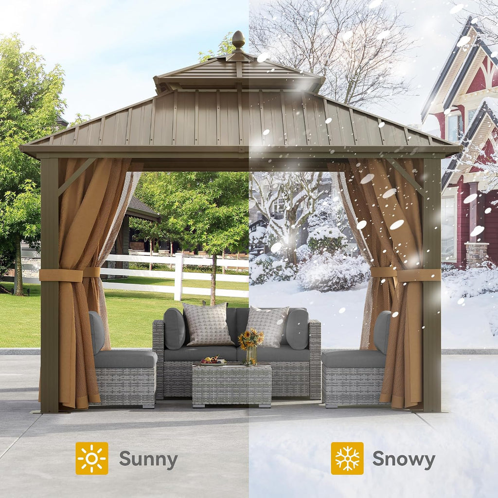 DWVO 10x10ft Hardtop Gazebo Heavy Duty Double Roof with Nettings and Curtains, Galvanized Steel Outdoor Combined of Horizontal Vertical Stripes Roof for Patio, Backyard, Deck, Lawn, Bronze