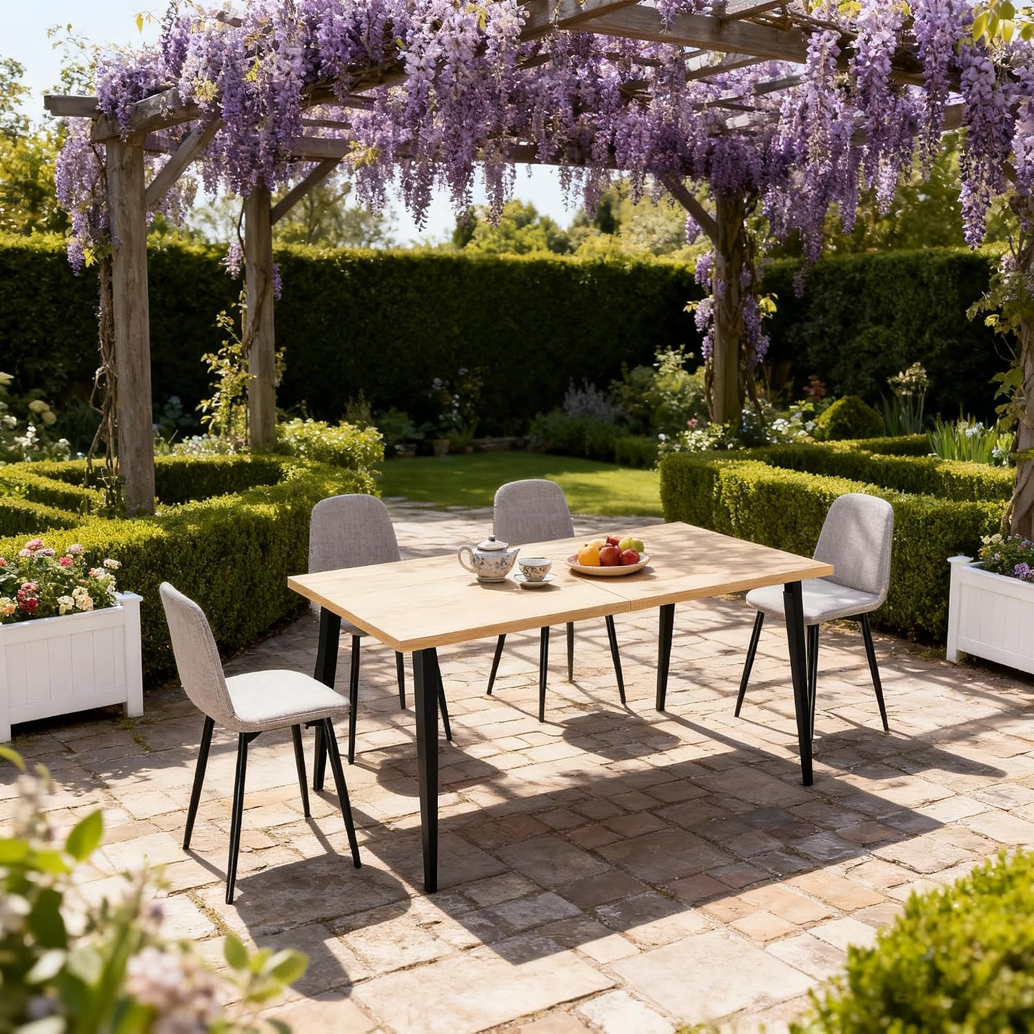Modern Rustic Industrial Dining Table for 6-8 People – Rectangular Wooden Tabletop, Rust-Resistant Iron Legs, Non-Slip Pads – Versatile Indoor/Outdoor Kitchen & Patio Furniture