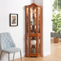 Classic Corner Curio Cabinet with Lights, Glass Display Cabinet for Living Room - Adjustable Tempered Glass Shelves, Wall Mountable, Oak Finish (Oak)