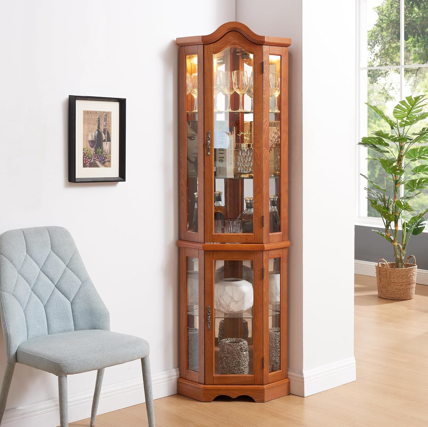 Classic Corner Curio Cabinet with Lights, Glass Display Cabinet for Living Room - Adjustable Tempered Glass Shelves, Wall Mountable, Oak Finish (Oak)