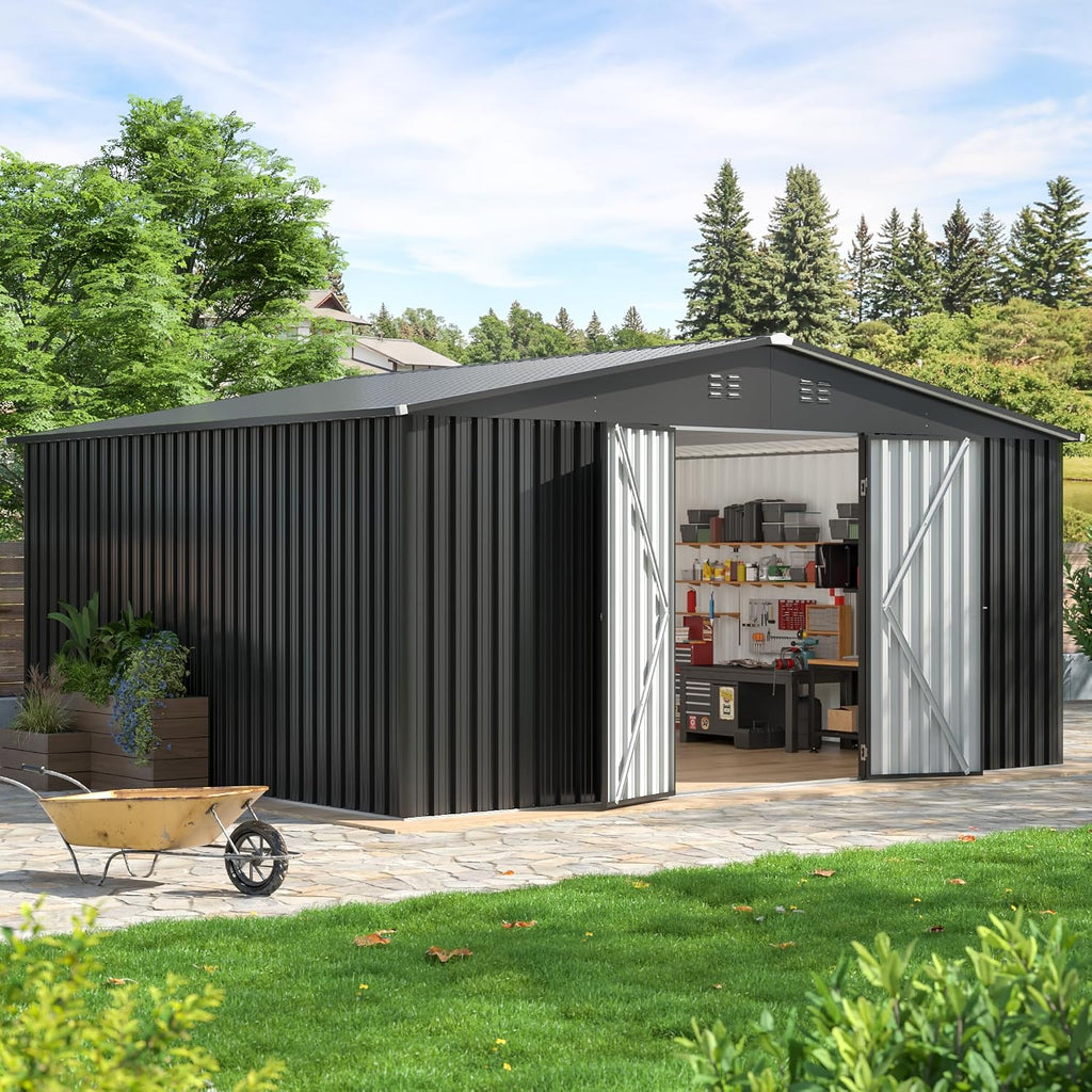 12 x 14 FT Metal Outdoor Storage Shed, Waterproof Garden Utility Shed with Lockable Door, All-Weather Storage Shelter for Bikes,Tool for Patio Lawn Backyard Garden Black