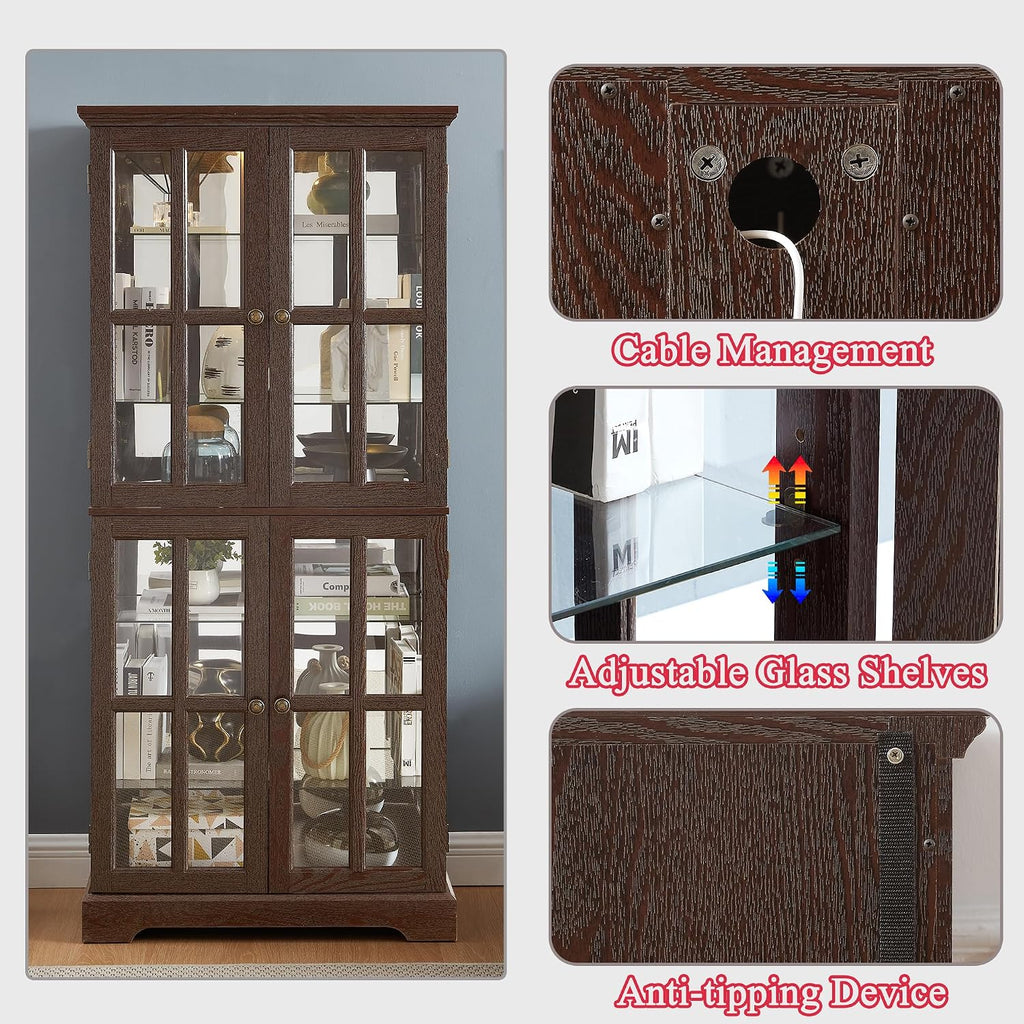 68' H Lighted Curio Display Cabinet Display Case,Wooden Glass Cabinet w/ 4 Glass Doors & Adjustable Shelves, 6 Tier Vintage Accent Storage Case w/Mirrored Back Pane for Home (Cherry)