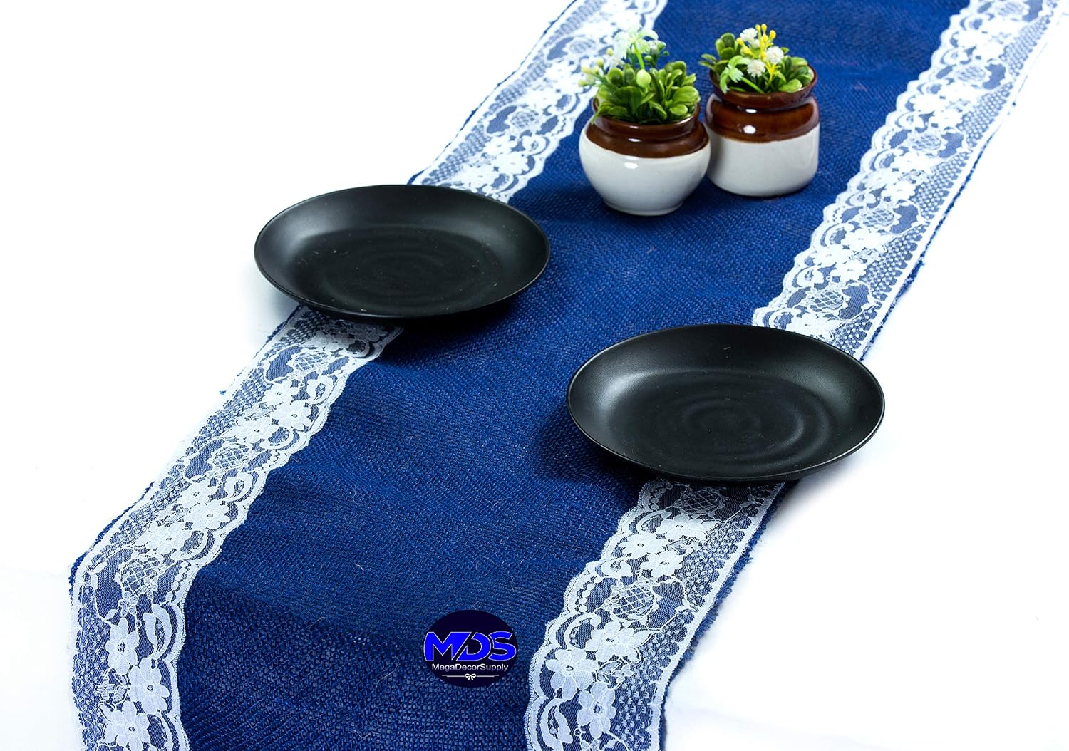 MDS Pack of 15 Wedding 12 x 108 inch Burlap Lace Hessian Table Runner Rustic Royal Blue Jute Country Vintage for Wedding Banquet Decoration – Royal Blue Lace Jute Burlap
