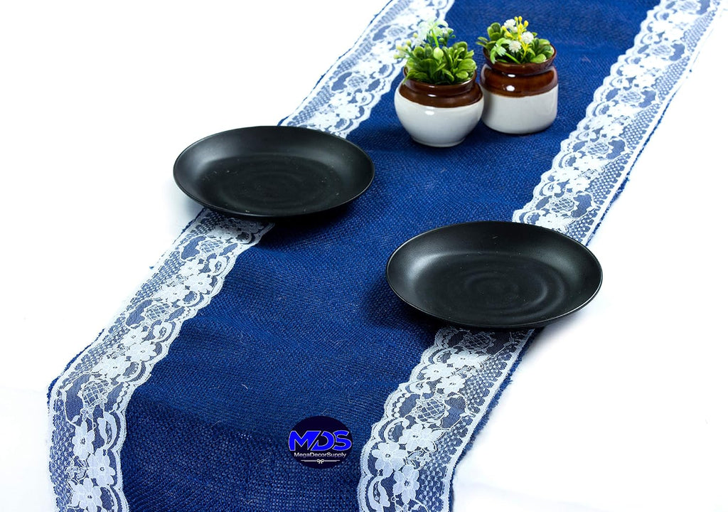 MDS Pack of 20 Wedding 12 x 108 inch Burlap Lace Hessian Table Runner Rustic Royal Blue Jute Country Vintage for Wedding Banquet Decoration – Royal Blue Lace Jute Burlap
