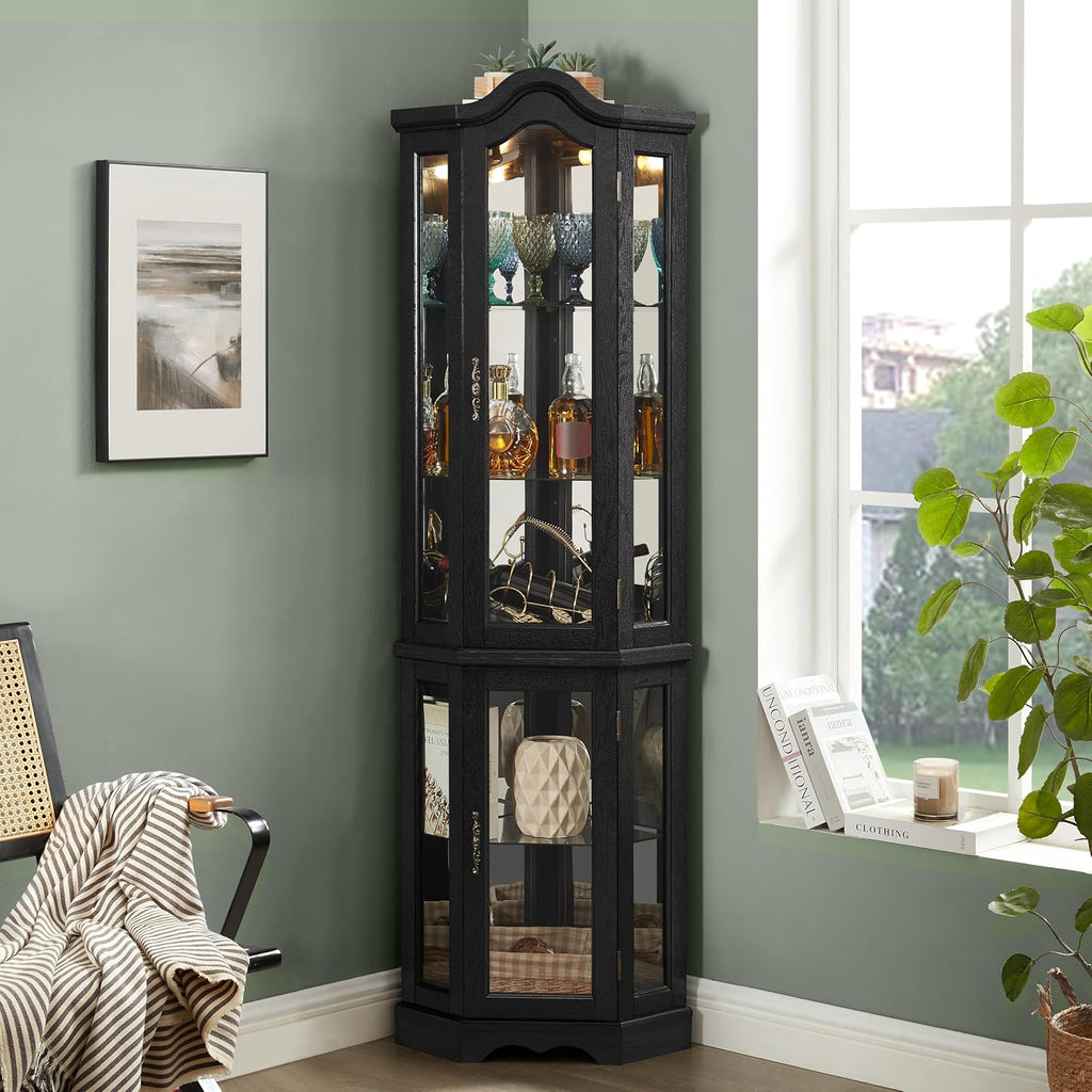 Classic Corner Curio Cabinet with Lights, Glass Display Cabinet for Living Room - Adjustable Tempered Glass Shelves, Wall Mountable (Black)