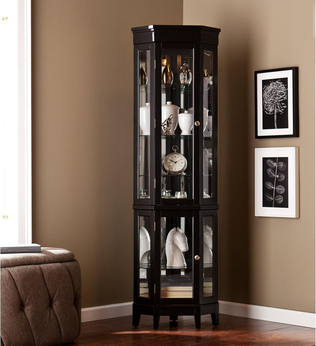 SEI Furniture Essex Corner Curio Cabinet - Adjustable Glass Shelves - 2 Tier With Black Finish, Transitional Style Pine, Black