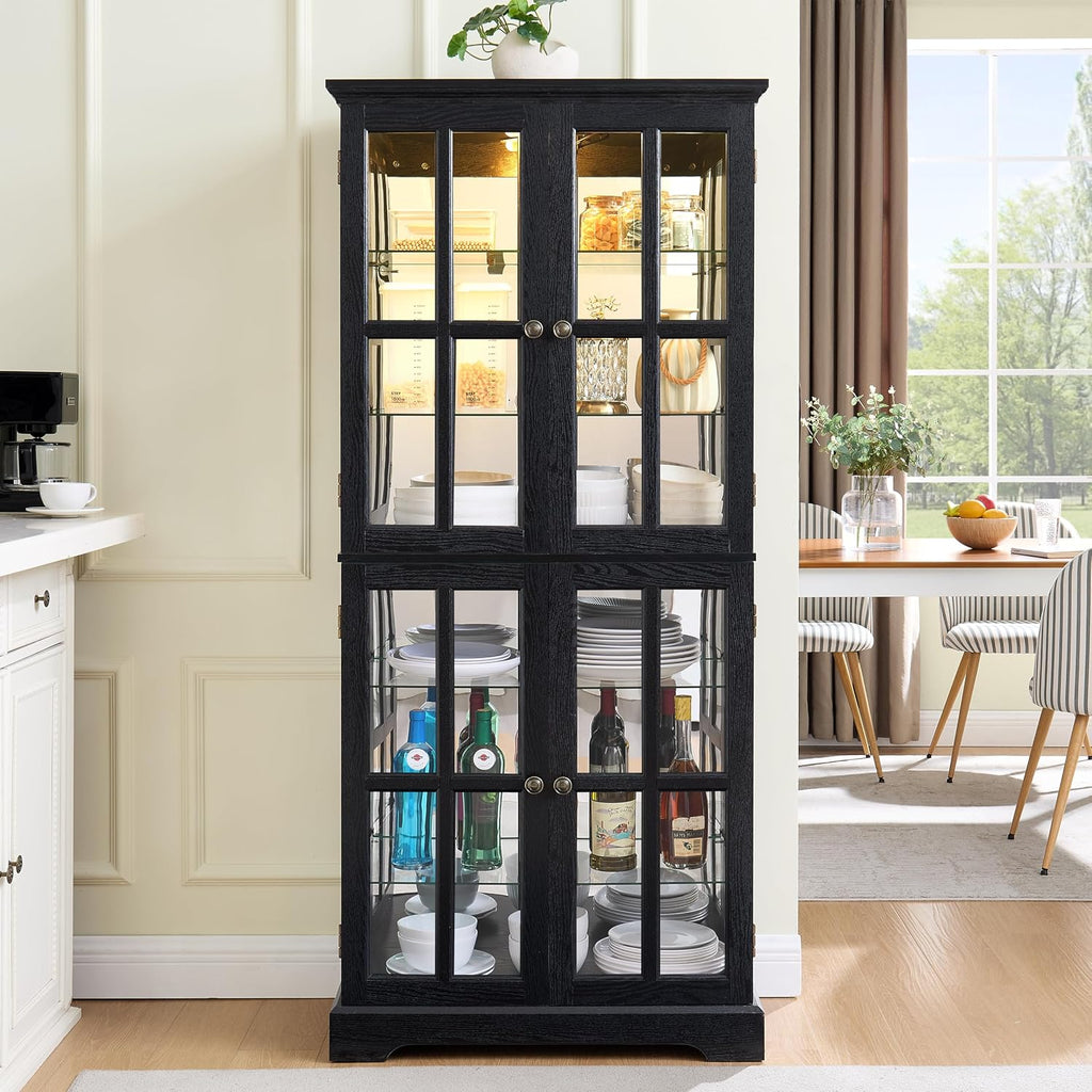 KEIKI Glass Display Cabinet with Adjustable Shelves, Antique Curio Storage Cabinet with Tempered Glass Doors, Four Door Design, Vintage Showcase with E26 Bulb Included, Black