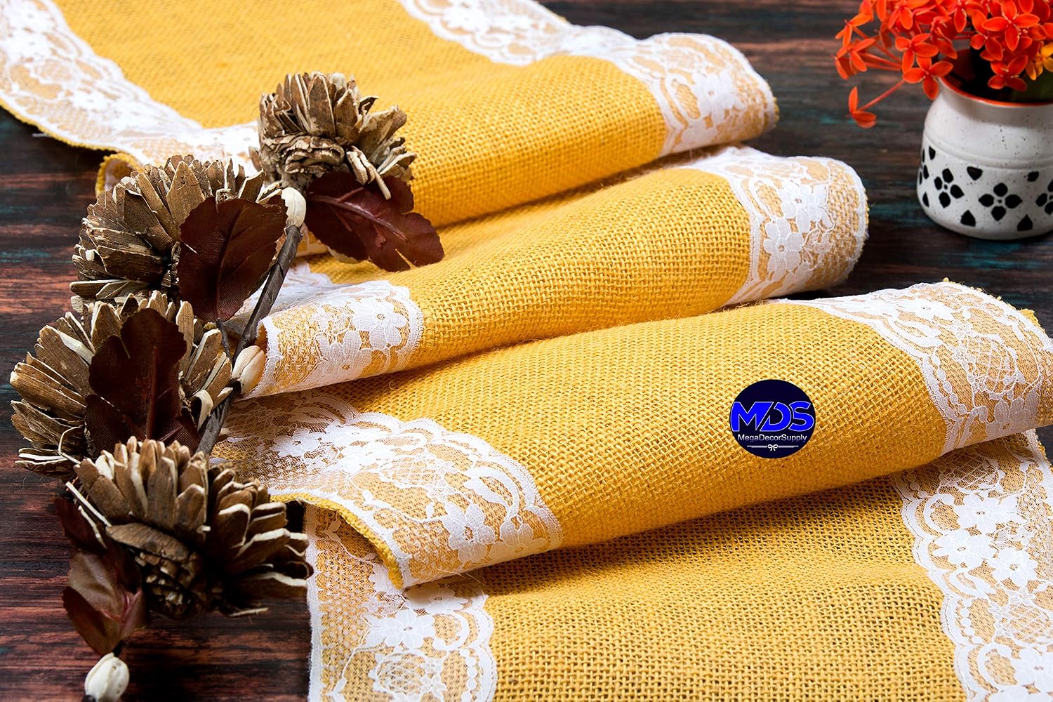 MDS Pack of 15 Wedding 12 x 108 inch Burlap Lace Hessian Table Runner Rustic Gold Jute Country Vintage for Wedding Banquet Decoration – Gold Lace Jute Burlap
