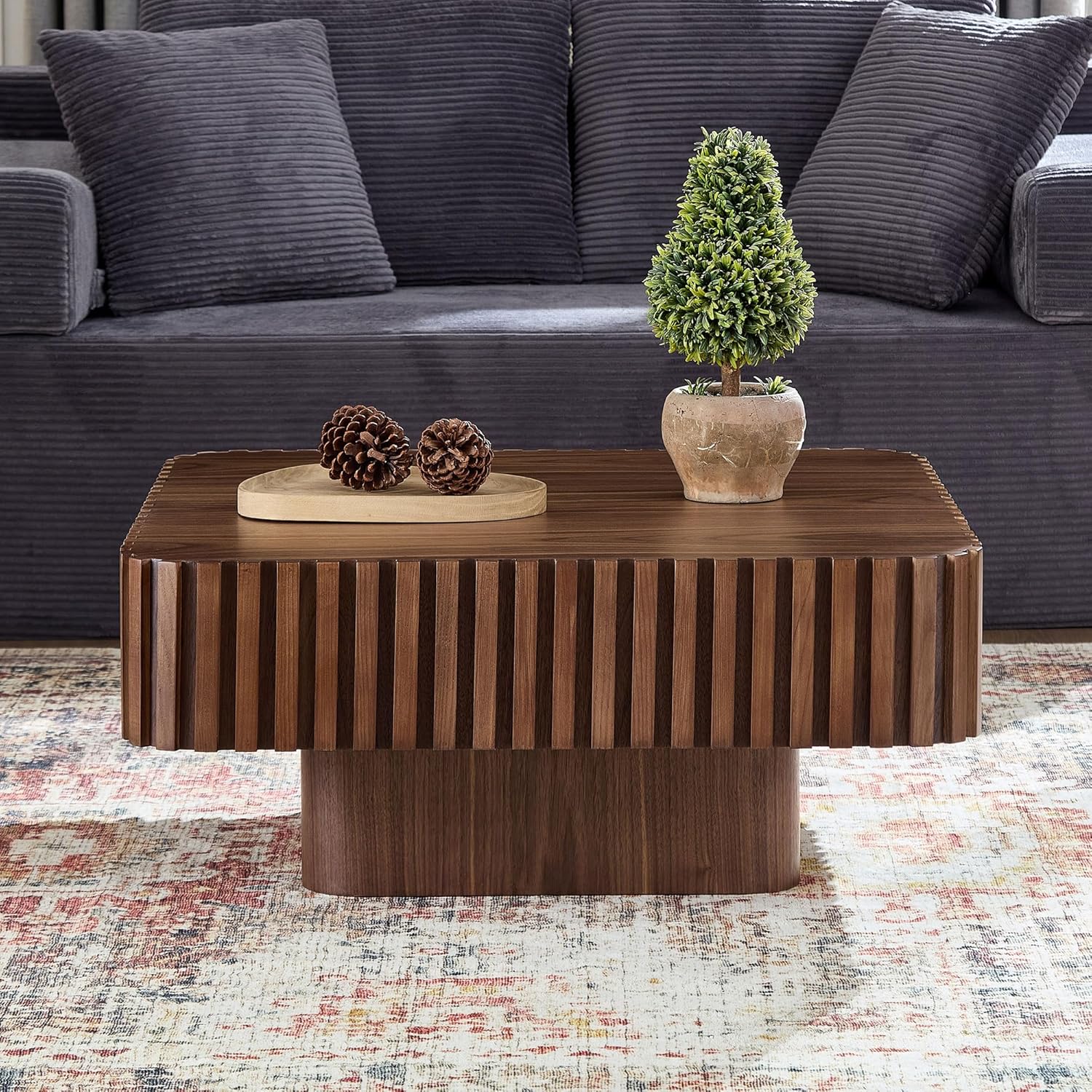 31.49'' Square Coffee Table Set of 2 for Living Room, Modern Wood Drum Pedestal Flute Embossment Coffee Table, Easy Assembly (Walnut, 2-Pcs)