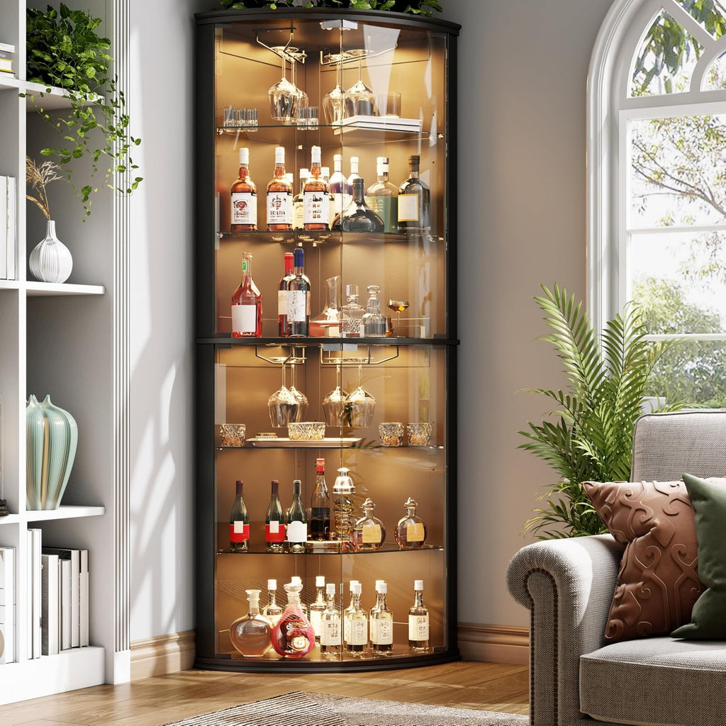 Loomie 70' Corner Bar Cabinet with LED Lights, 6-Tier Modern Wine Cabinet with Glass Door & Glass Holder, Tall Home Bar Liquor Cabinet with Adjustable Shelves for Dining Room, Living Room (Black)
