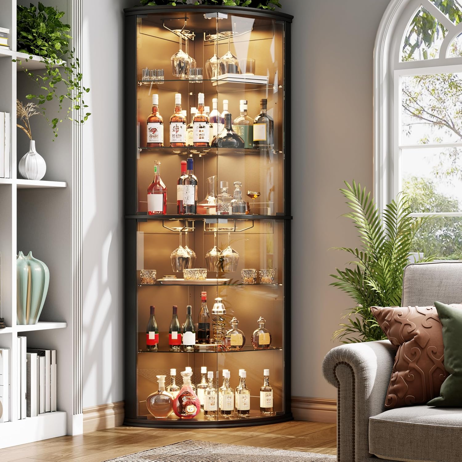 Loomie 70' Corner Bar Cabinet with LED Lights, 6-Tier Modern Wine Cabinet with Glass Door & Glass Holder, Tall Home Bar Liquor Cabinet with Adjustable Shelves for Dining Room, Living Room (Black)
