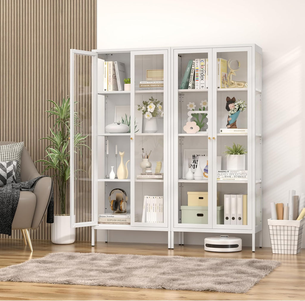 SteeLoong 66' Display Cabinet with Tempered Glass,Metal Curio Cabinet with Glass Doors,4-Tier Display Case for Collectibles,Trophy,Plant,White Storage Cabinets for Living Room - Assemble Required