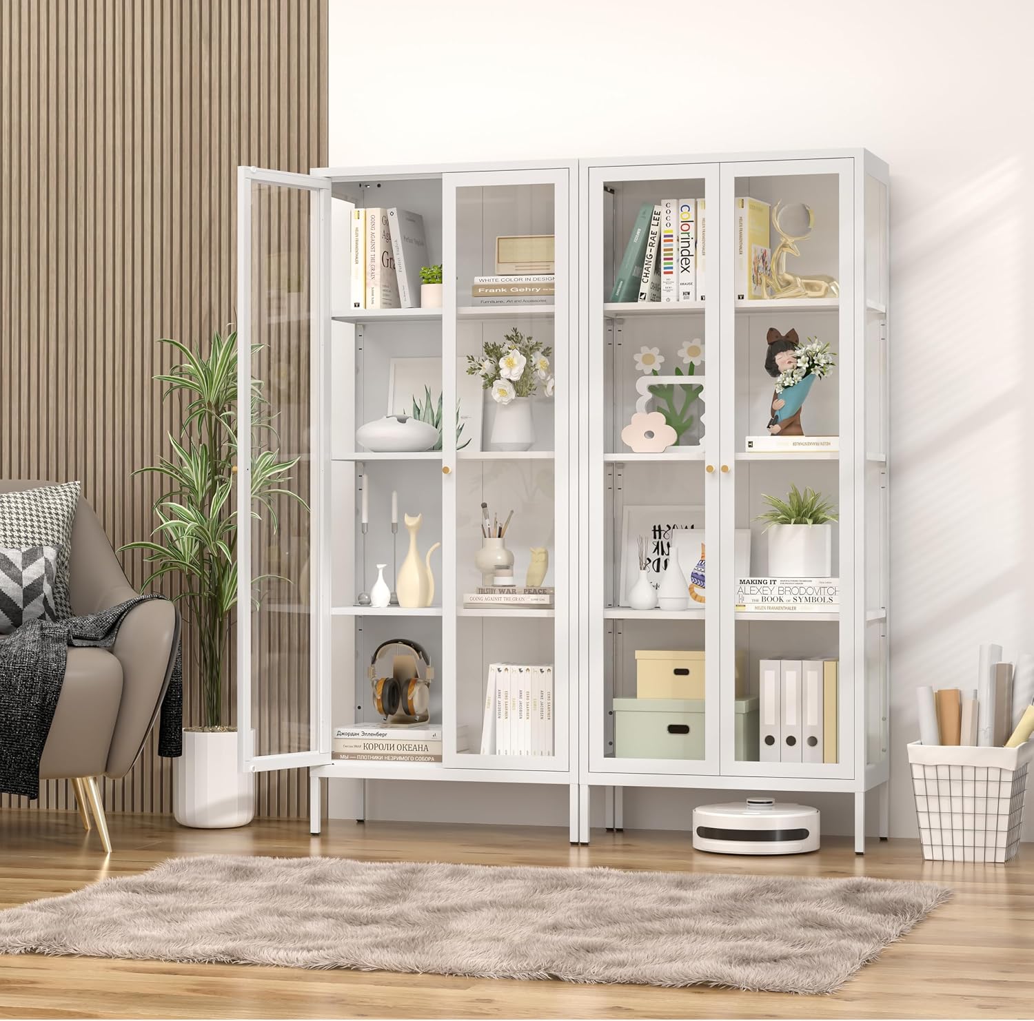 SteeLoong 66' Display Cabinet with Tempered Glass,Metal Curio Cabinet with Glass Doors,4-Tier Display Case for Collectibles,Trophy,Plant,White Storage Cabinets for Living Room - Assemble Required