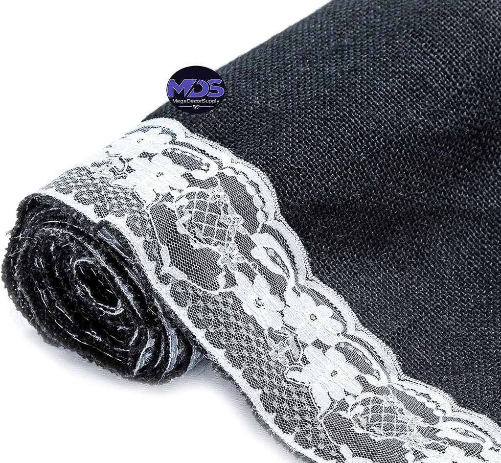 MDS Pack of 20 Wedding 12 x 108 inch Burlap Lace Hessian Table Runner Rustic Black Jute Country Vintage for Wedding Banquet Decoration – Black Lace Jute Burlap