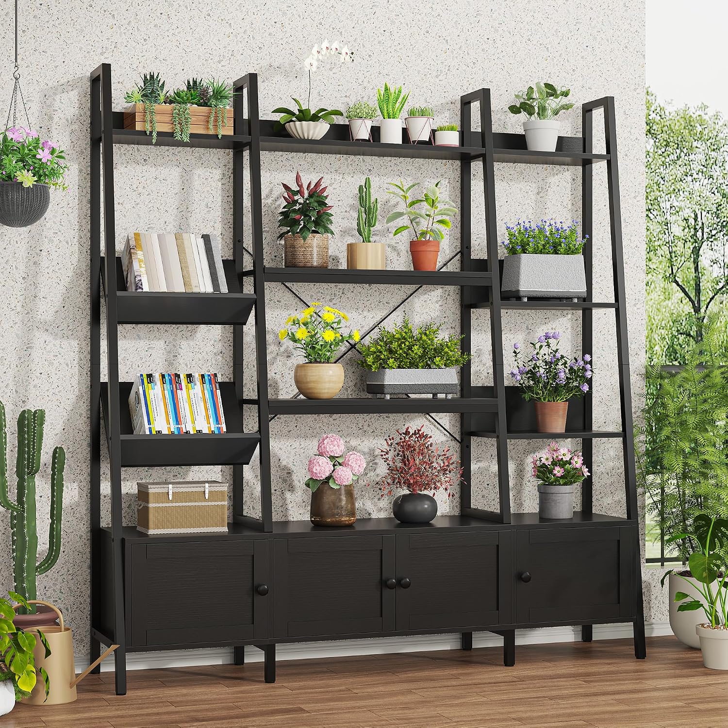 Nosepen Ladder Bookshelf with 4 Doors, 4 Tier Triple Width Large Open Storage Shelving, Industrial Style Capacity Home Office Bookcase with Adjustable Shelves, Display Cabinet Black