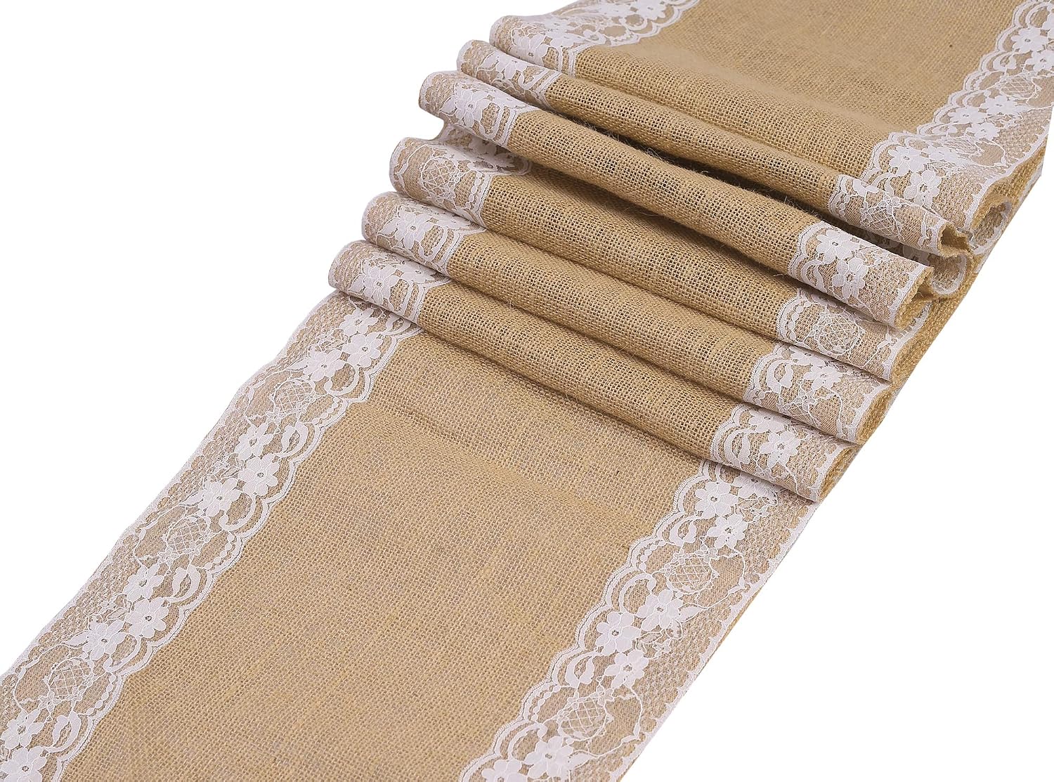 MDS Pack of 10 Wedding 12 x 108 inch Vintage Lace Burlap Table Runner, Rustic Farmhouse Jute Country Vintage Jute Burlap Roll for Wedding,Christmas Xmas New Year Party Jute Runner-Natural