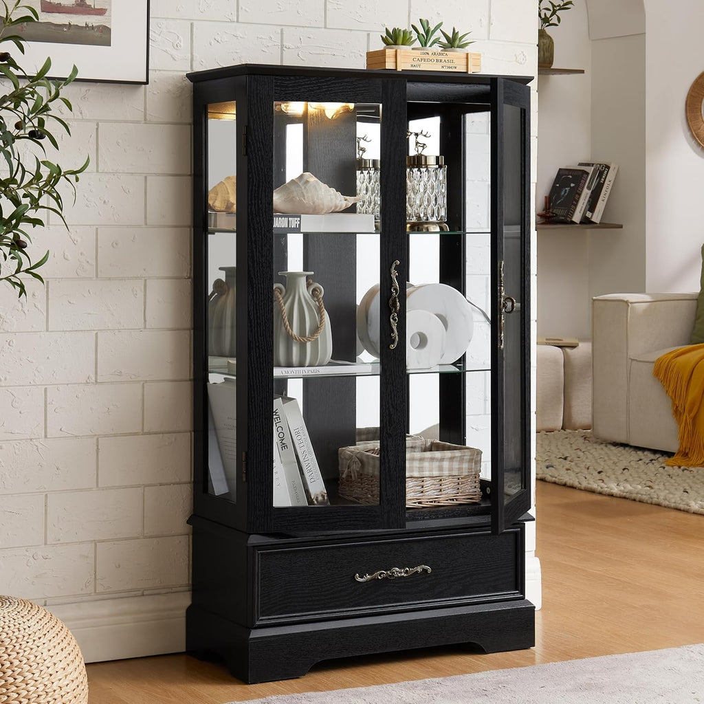 47' H Lighted Curio Cabinet Display Case, Glass Cabinet with Adjustable Shelves,Tempered Glass Door and Drawer, Wooden Curio Cabinet with Mirrored Back Pane for Living Room (Black)