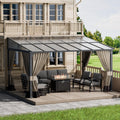 ALAULM 10'x 14' Outdoor Hardtop Pergola,Wall Mounted Lean to Gazebo with Curtains and Netting,Galvanized Metal Frame,Sunshade for Patio, Backyard, Deck and Lawns-Sand