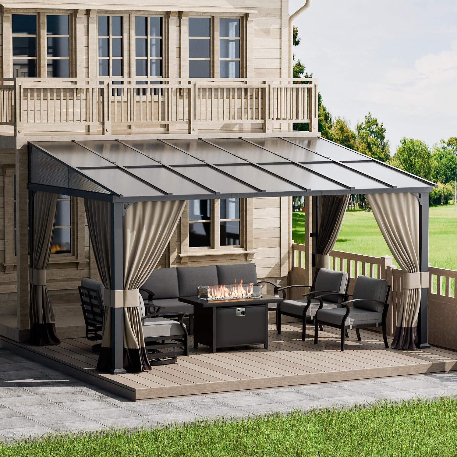 ALAULM 10'x 14' Outdoor Hardtop Pergola,Wall Mounted Lean to Gazebo with Curtains and Netting,Galvanized Metal Frame,Sunshade for Patio, Backyard, Deck and Lawns-Sand