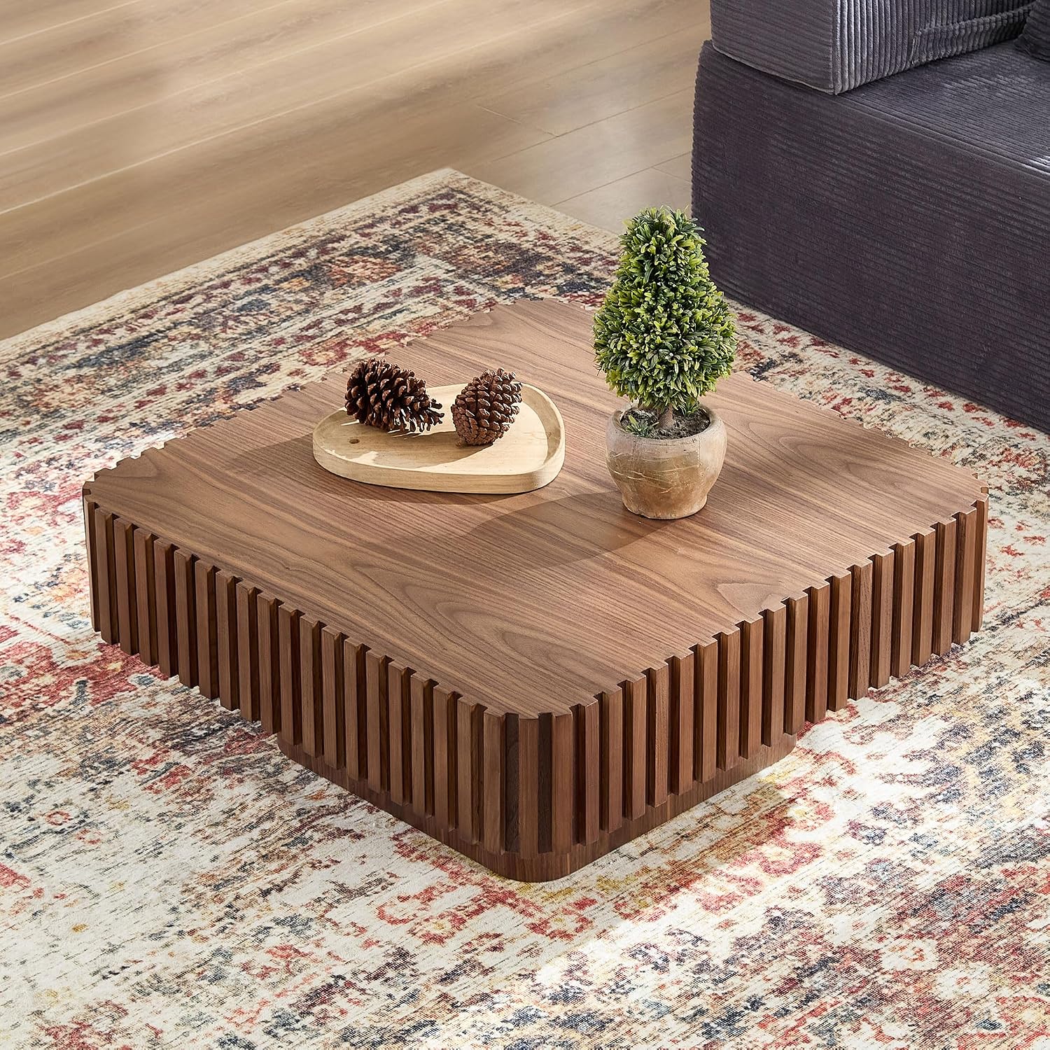 31.49'' Square Coffee Table Set of 2 for Living Room, Modern Wood Drum Pedestal Flute Embossment Coffee Table, Easy Assembly (Walnut, 2-Pcs)