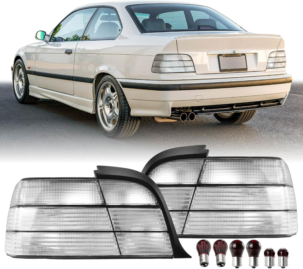 USR 92-99 E36 Coupe Tail Light – Rear Tail Lamps Set (Left + Right) Compatible with 1992-1999 BMW E36 3 Series 2 Door Coupe & Convertible 318/325/328/M3 (OE FROSTED ALL CLEAR LENS with BULBS)