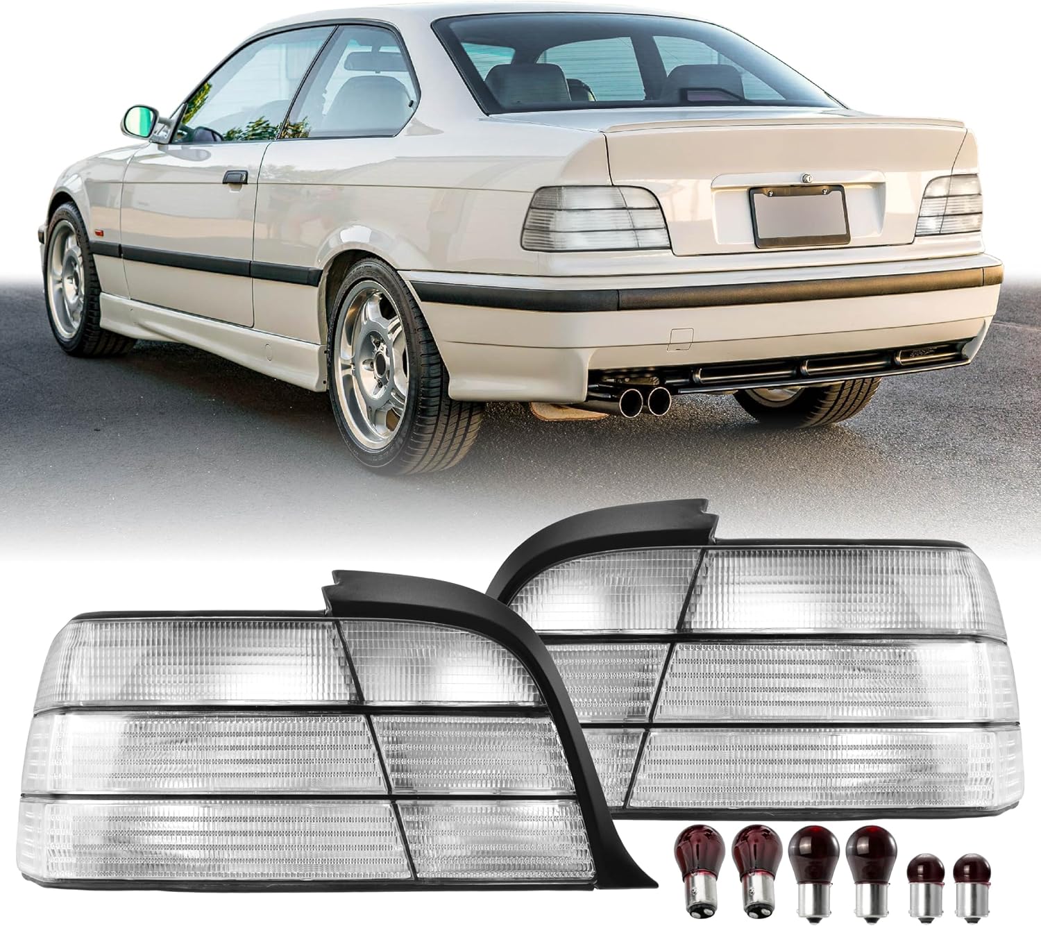 USR 92-99 E36 Coupe Tail Light – Rear Tail Lamps Set (Left + Right) Compatible with 1992-1999 BMW E36 3 Series 2 Door Coupe & Convertible 318/325/328/M3 (OE FROSTED ALL CLEAR LENS with BULBS)