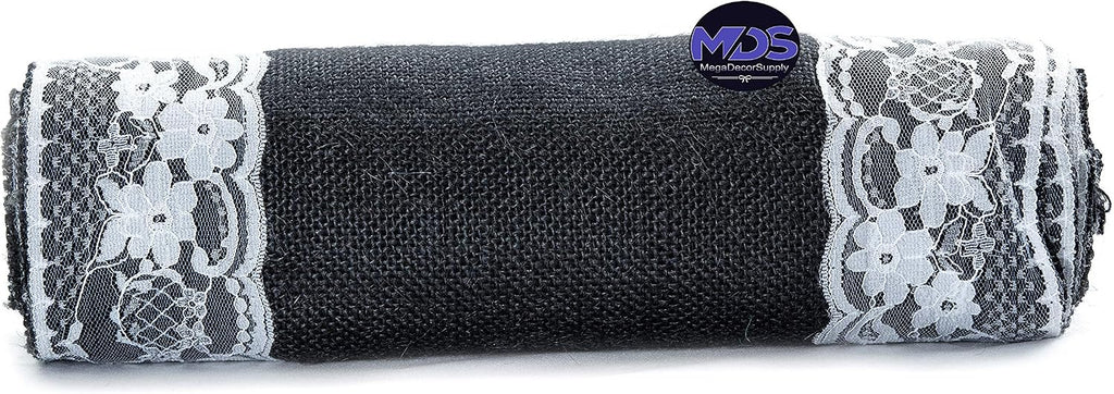 MDS Pack of 20 Wedding 12 x 108 inch Burlap Lace Hessian Table Runner Rustic Black Jute Country Vintage for Wedding Banquet Decoration – Black Lace Jute Burlap