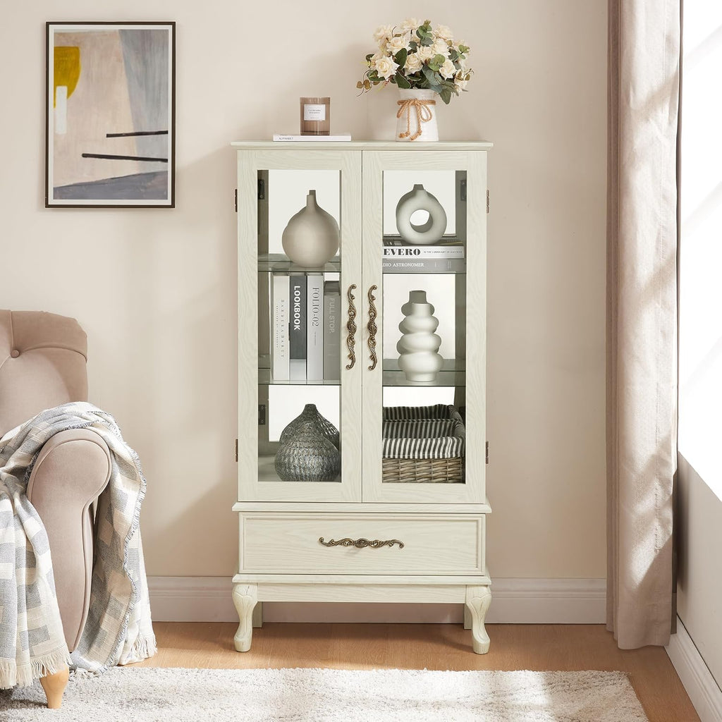 51' H Lighted Curio Cabinet Display Case, Glass Curio Cabinet with Adjustable Shelves,Tempered Glass Door and Drawer, Wooden Cabinets w/Mirrored Back Pane for Living Room (Antique White)