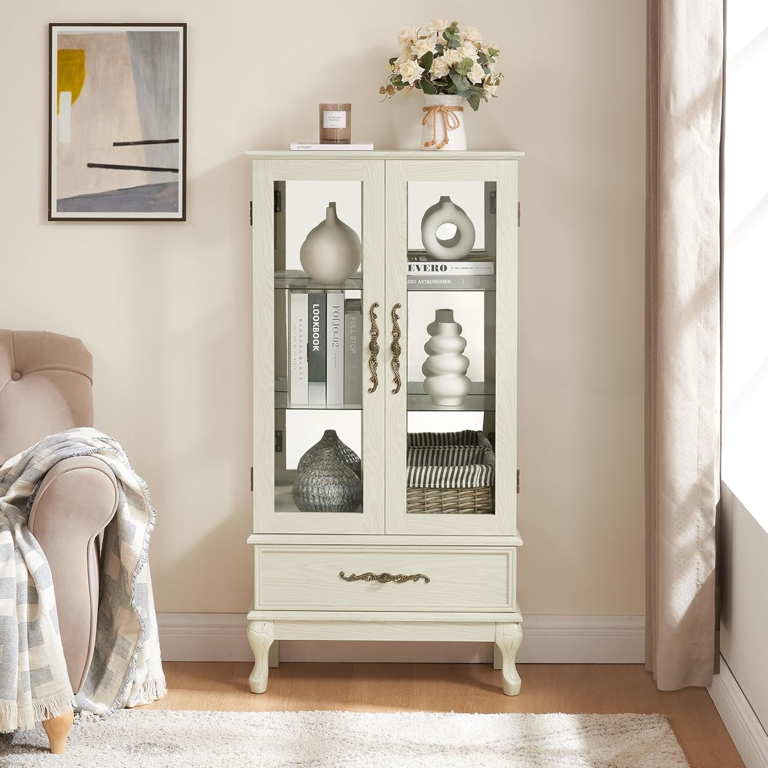 51' H Lighted Curio Cabinet Display Case, Glass Curio Cabinet with Adjustable Shelves,Tempered Glass Door and Drawer, Wooden Cabinets w/Mirrored Back Pane for Living Room (Antique White)
