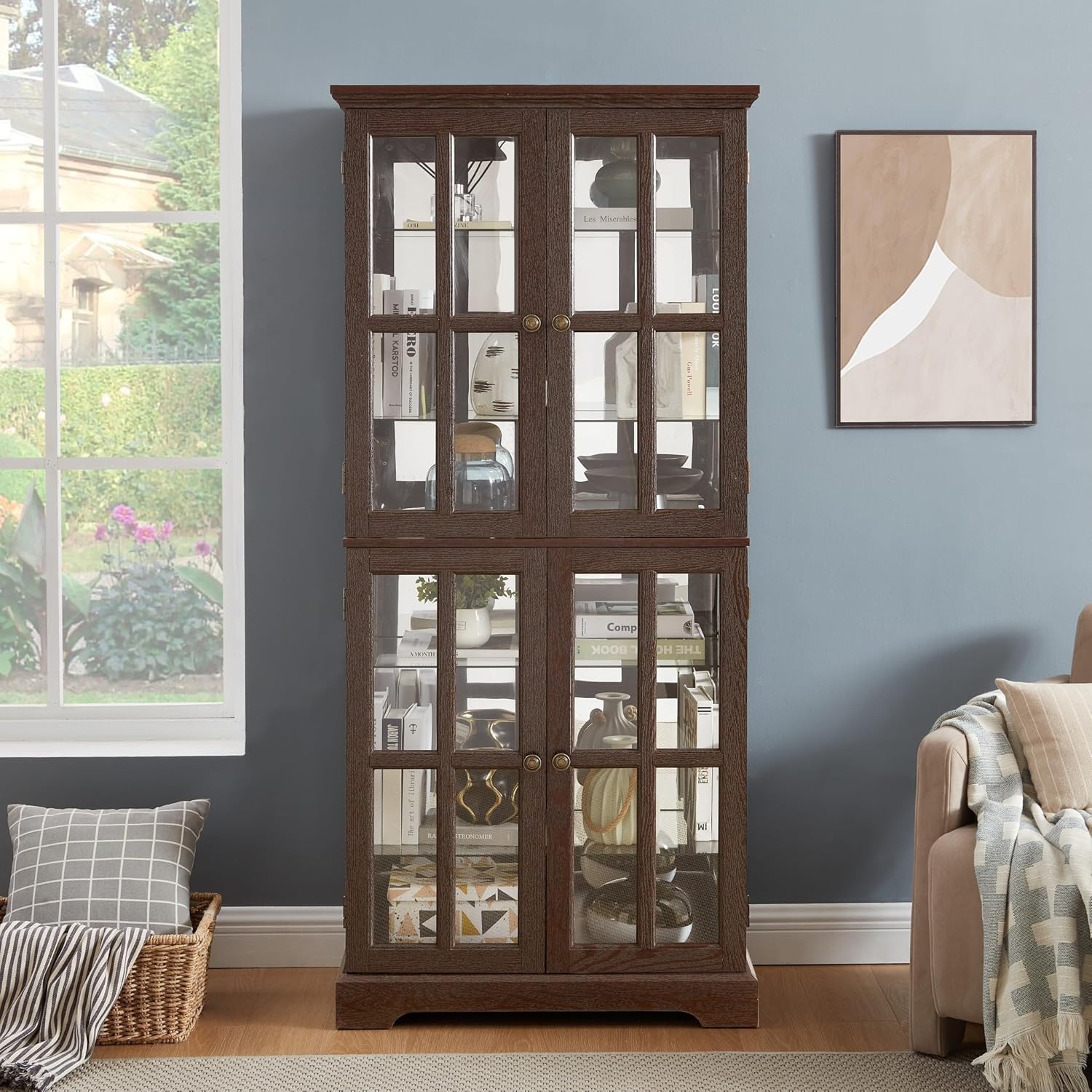 Glass Display Cabinet, 69' H Curio Cabinet with Adjustable Shelves and 4 Glass Doors, Light Bulb Included, Elegant Antique Showcase, Rack for Living Room/Home Office (Dark Cherry)