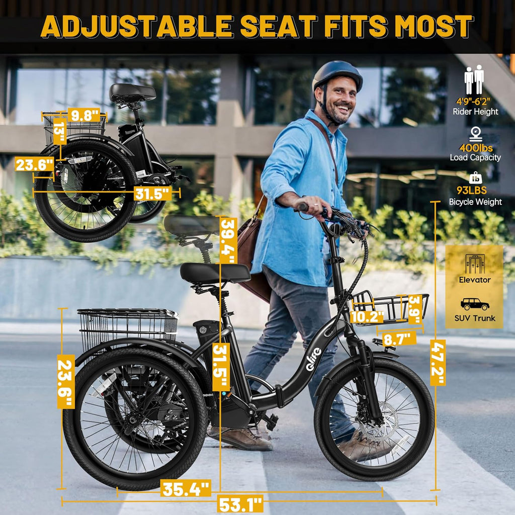Qlife Triker Electric Bike, Peak 1200W Brushless Motor Folding Trike Ebike, 499Wh Removable Battery, Step-Thru 3 Wheel Electric Bicycle, Up to 55 Miles, 18 Tire Tricycle for Adults