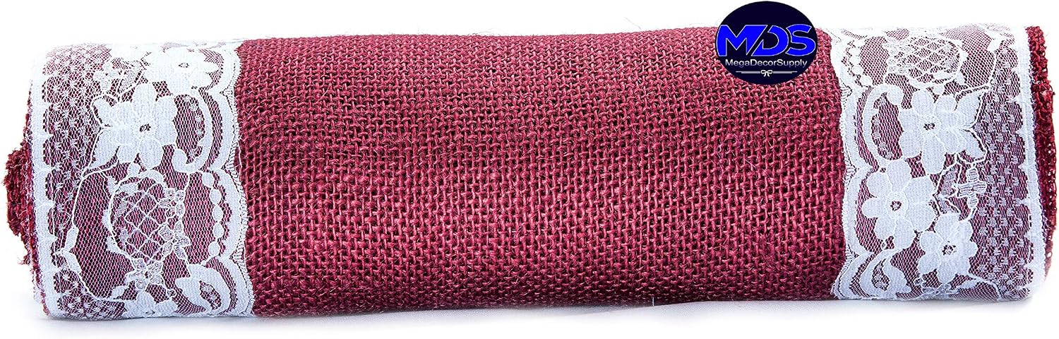 MDS Pack of 15 Wedding 12 x 108 inch Burlap Lace Hessian Table Runner Rustic Maroon Jute Country Vintage for Wedding Banquet Decoration – Maroon Lace Jute Burlap