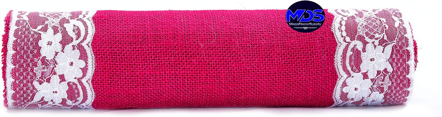 MDS Pack of 20 Wedding 12 x 108 inch Burlap Lace Hessian Table Runner Rustic Magenta Jute Country Vintage for Wedding Banquet Decoration – Magenta Lace Jute Burlap