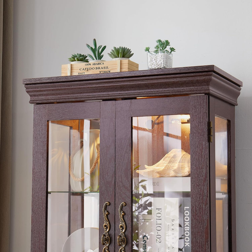 Ball & Cast Lighted Curio Cabinet,6-Tier Glass Display Cabinet with Adjustable Glass Shelves and Mirrored Back Panel for Living Room,Pantry Light Bulb Included,Dark Cherry