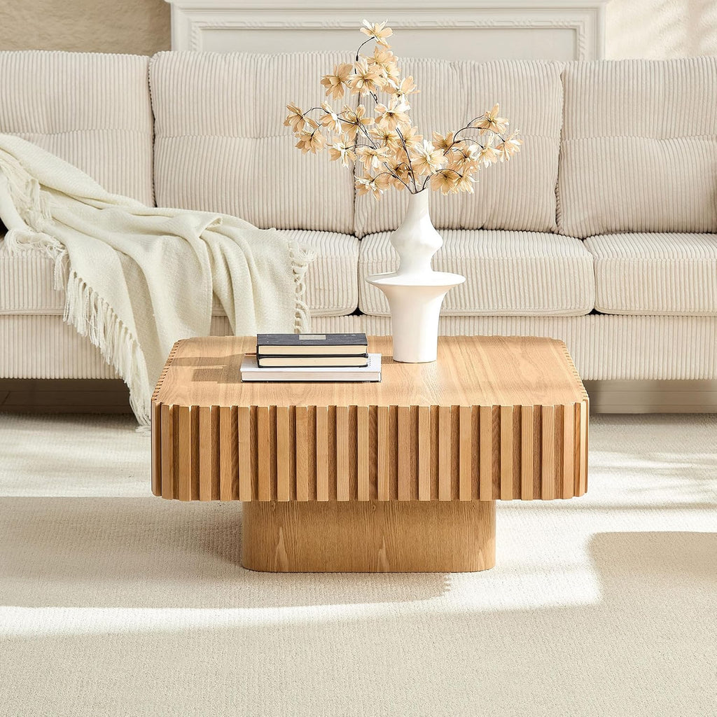 31.49'' Square Coffee Table Set of 2 for Living Room, Modern Wood Drum Pedestal Flute Embossment Coffee Table, Easy Assembly (Natural, 2-Pcs)