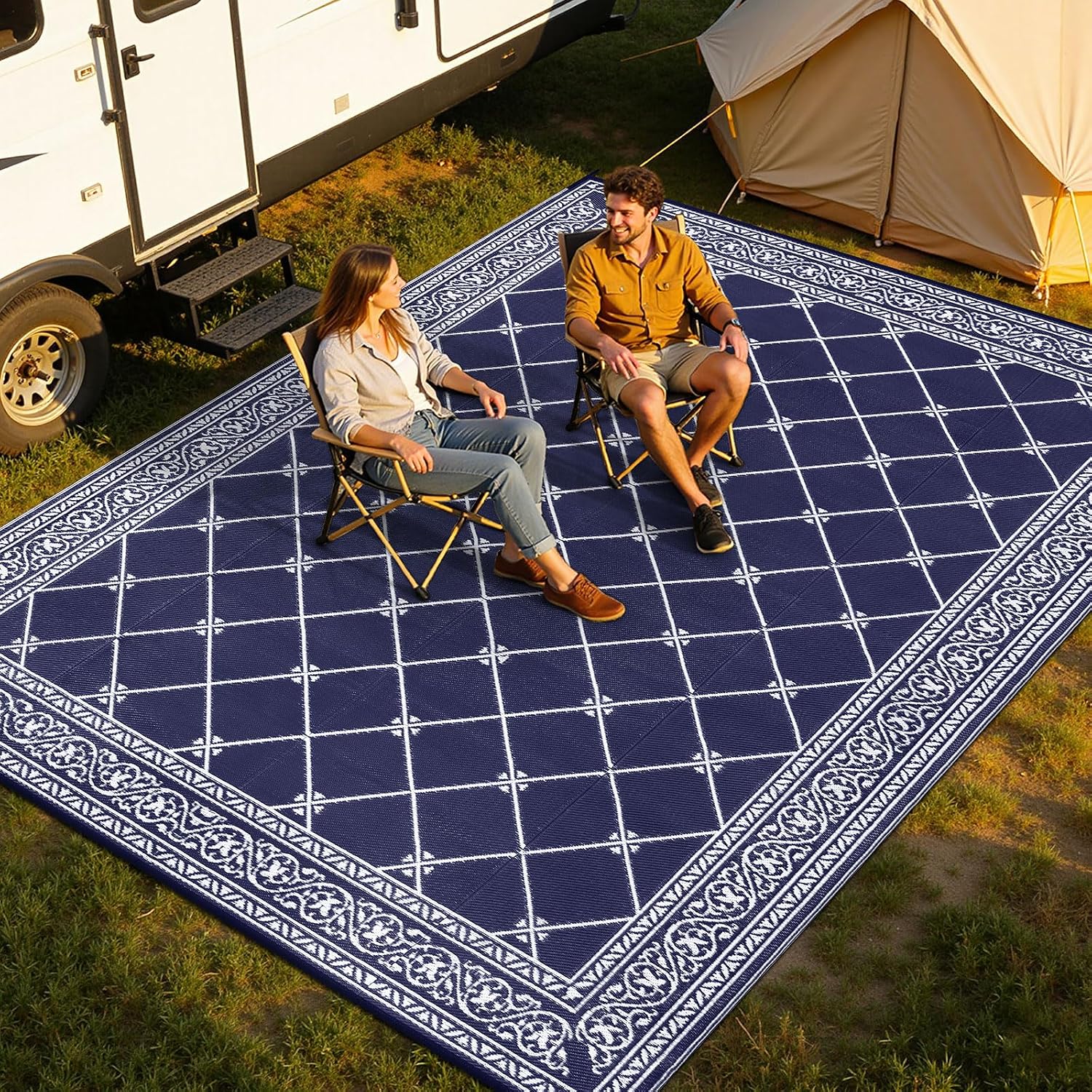 Outdoor Rug 10'x14' for Patios Waterproof Patio Rugs Outdoor Mats for Front Porch,Beach Mat,Reversible Plastic Straw Camping Rugs for Outside RV,Deck,Balcony,Backyard Navy Blue
