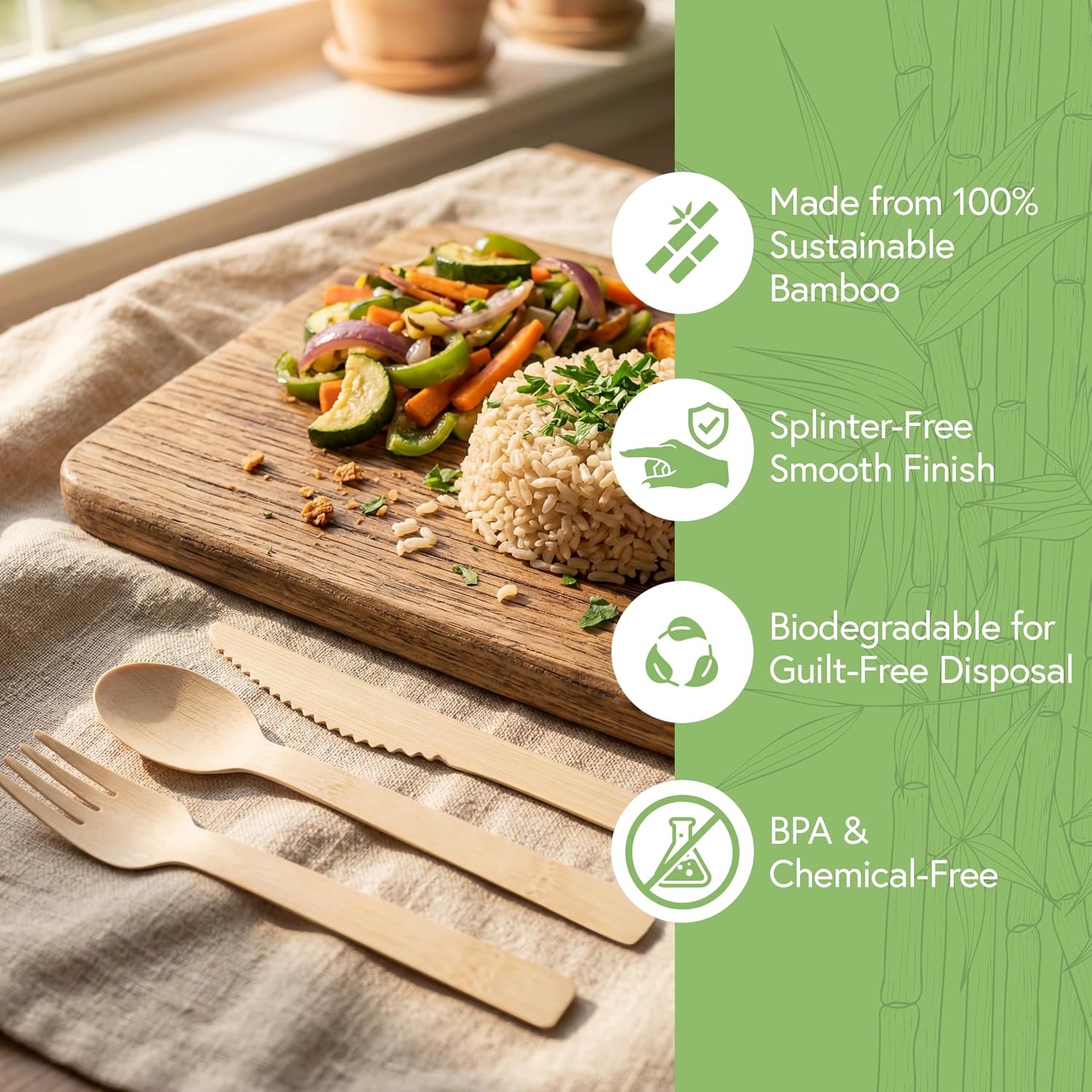 100% Bamboo Cutlery Set - 3000 Utensil Disposable Set (1000 Forks, 1000 Spoons, 1000 Knives) | Reusable or Disposable Utensils for Party | FSC Certified Flatware for Weddings, Camping, Parties
