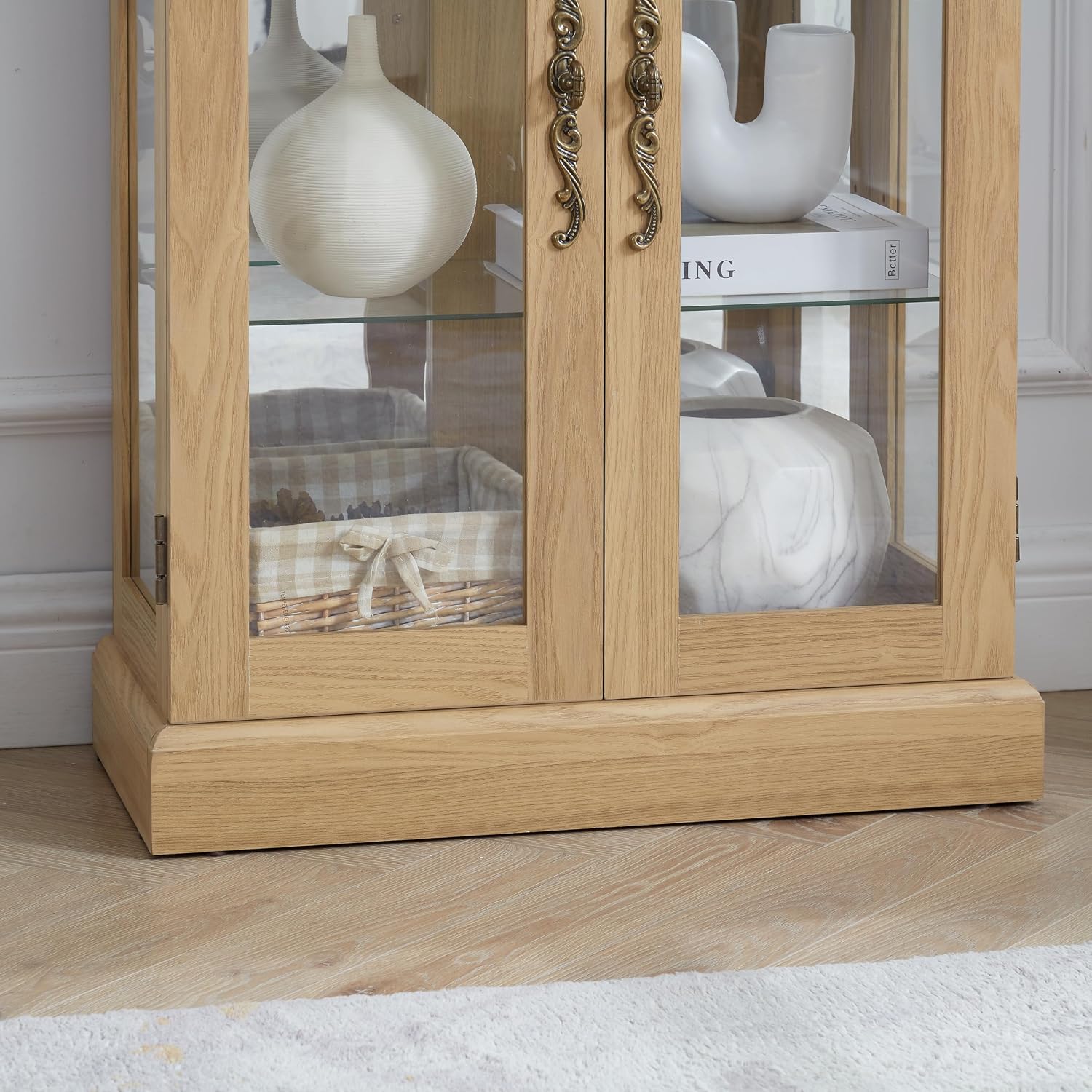 Ball & Cast Lighted Curio Cabinet,6-Tier Glass Display Cabinet with Adjustable Glass Shelves and Mirrored Back Panel for Living Room,Pantry Light Bulb Included,Light Oak