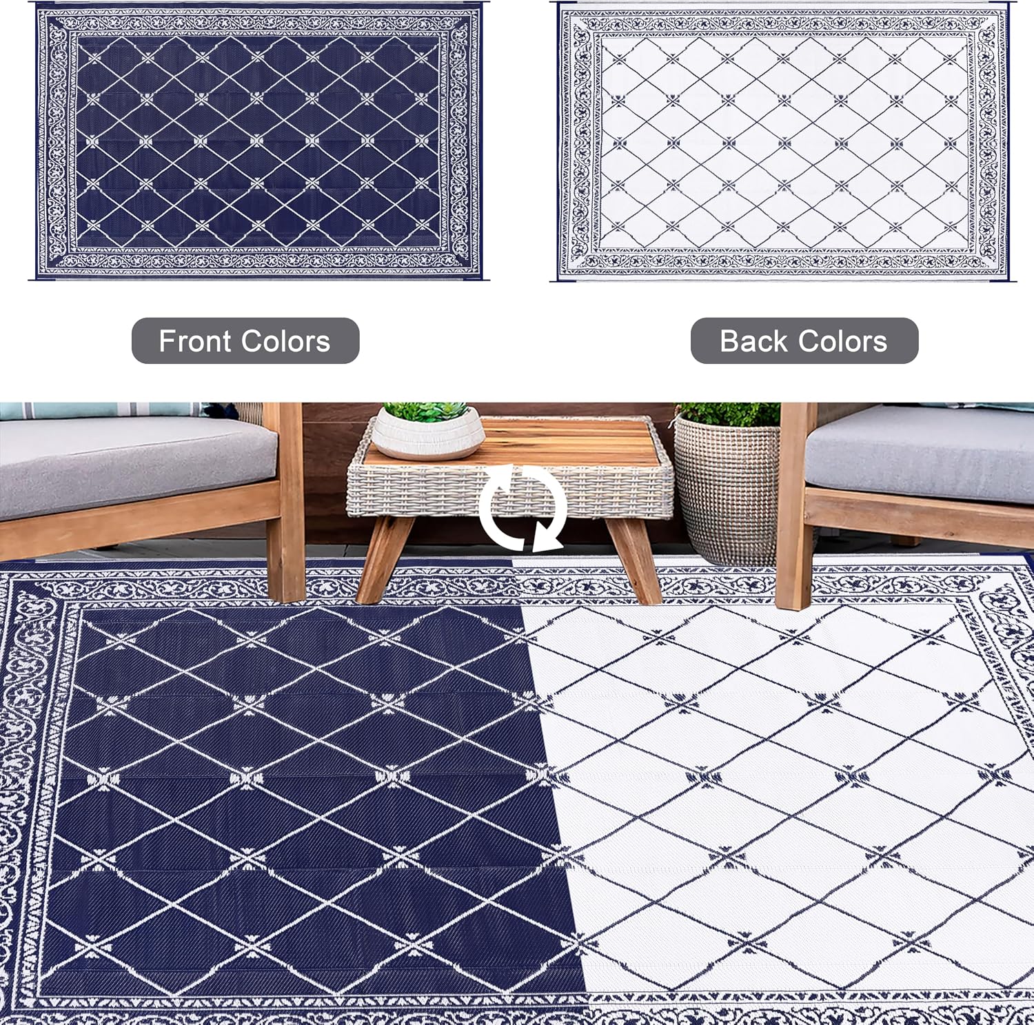 Outdoor Rug 10'x14' for Patios Waterproof Patio Rugs Outdoor Mats for Front Porch,Beach Mat,Reversible Plastic Straw Camping Rugs for Outside RV,Deck,Balcony,Backyard Navy Blue