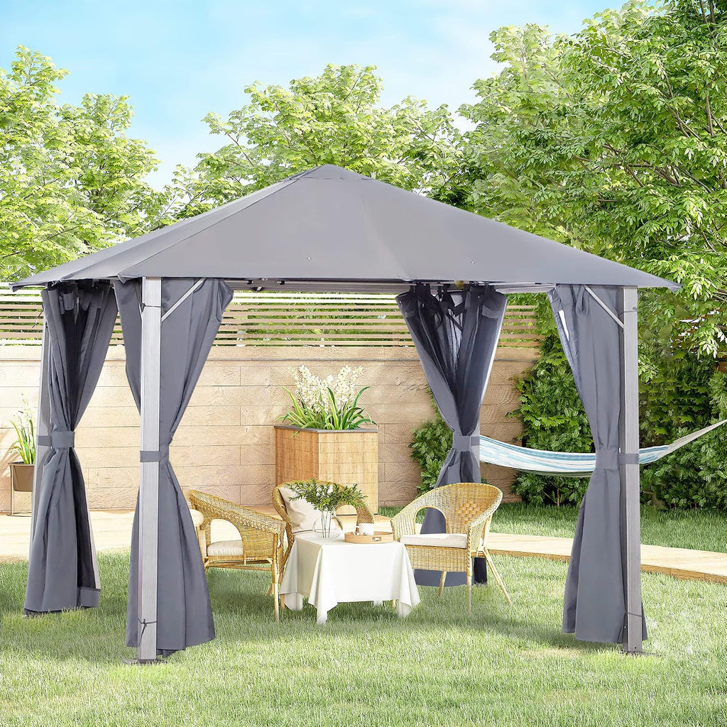 Outsunny 10' x 10' Patio Gazebo, Outdoor Gazebo Canopy Shelter with Netting & Curtains, Vented Roof, for Garden, Lawn, Backyard and Deck, Dark Gray