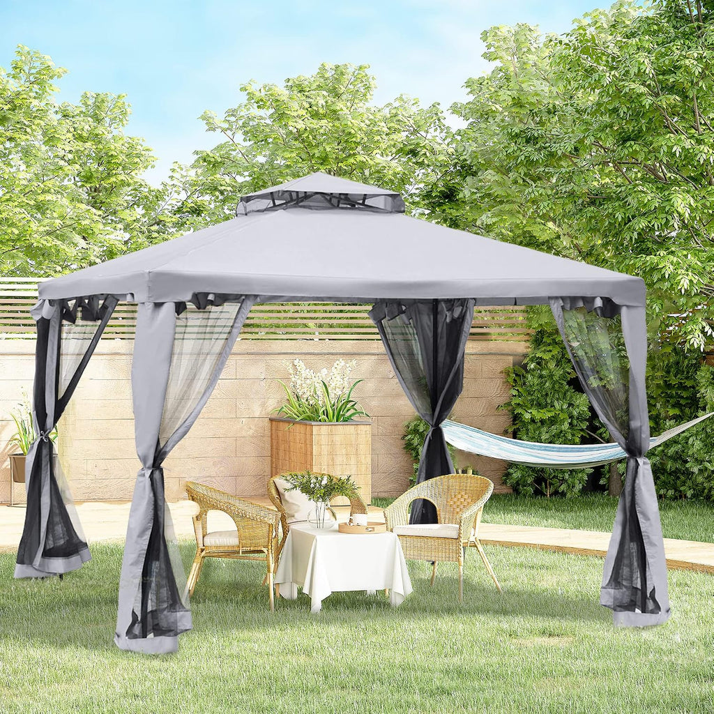 Outsunny 9.6' x 9.6' Patio Gazebo, Outdoor Canopy Shelter with 2-Tier Roof and Netting, Steel Frame for Garden, Lawn, Backyard, and Deck, Gray