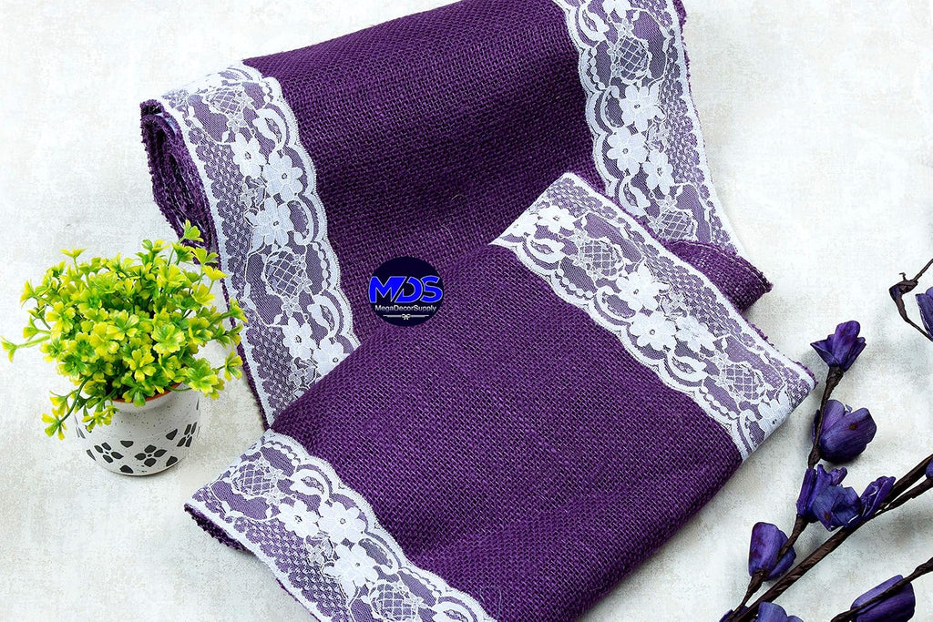MDS Pack of 15 Wedding 12 x 108 inch Burlap Lace Hessian Table Runner Rustic Purple Jute Country Vintage for Wedding Banquet Decoration – Purple Lace Jute Burlap
