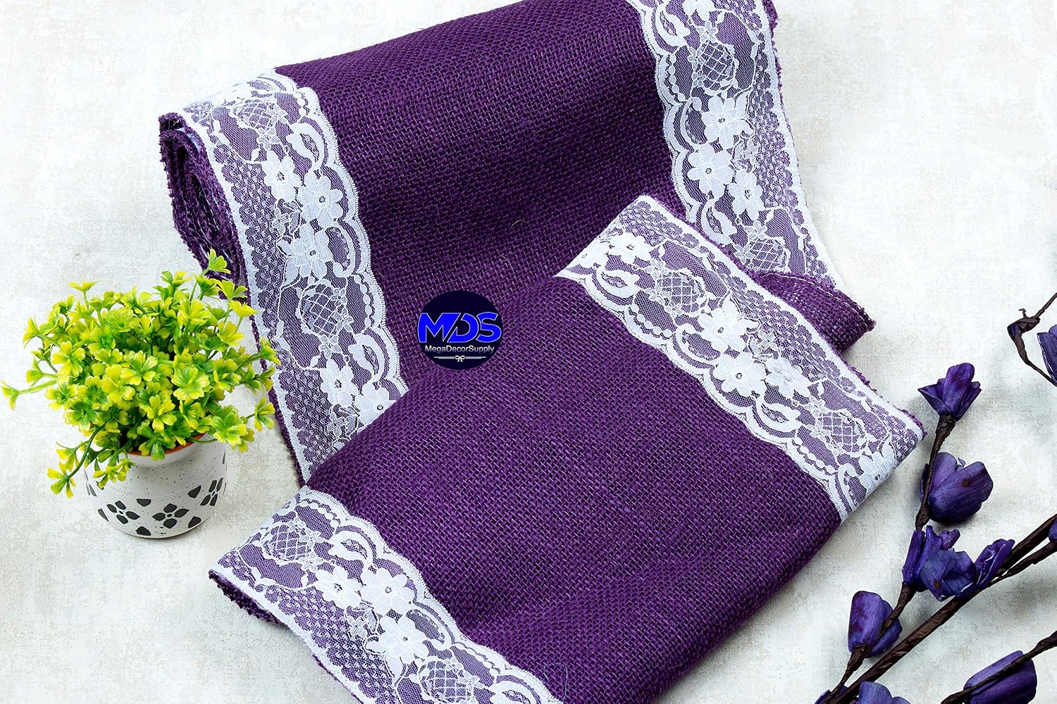 MDS Pack of 20 Wedding 12 x 108 inch Burlap Lace Hessian Table Runner Rustic Purple Jute Country Vintage for Wedding Banquet Decoration – Purple Lace Jute Burlap