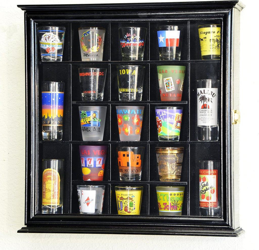 sfDisplay.com,LLC. 21 Shot Glass Shotglass Shooter Display Case Holder Cabinet Wall Rack 98% UV Lockable