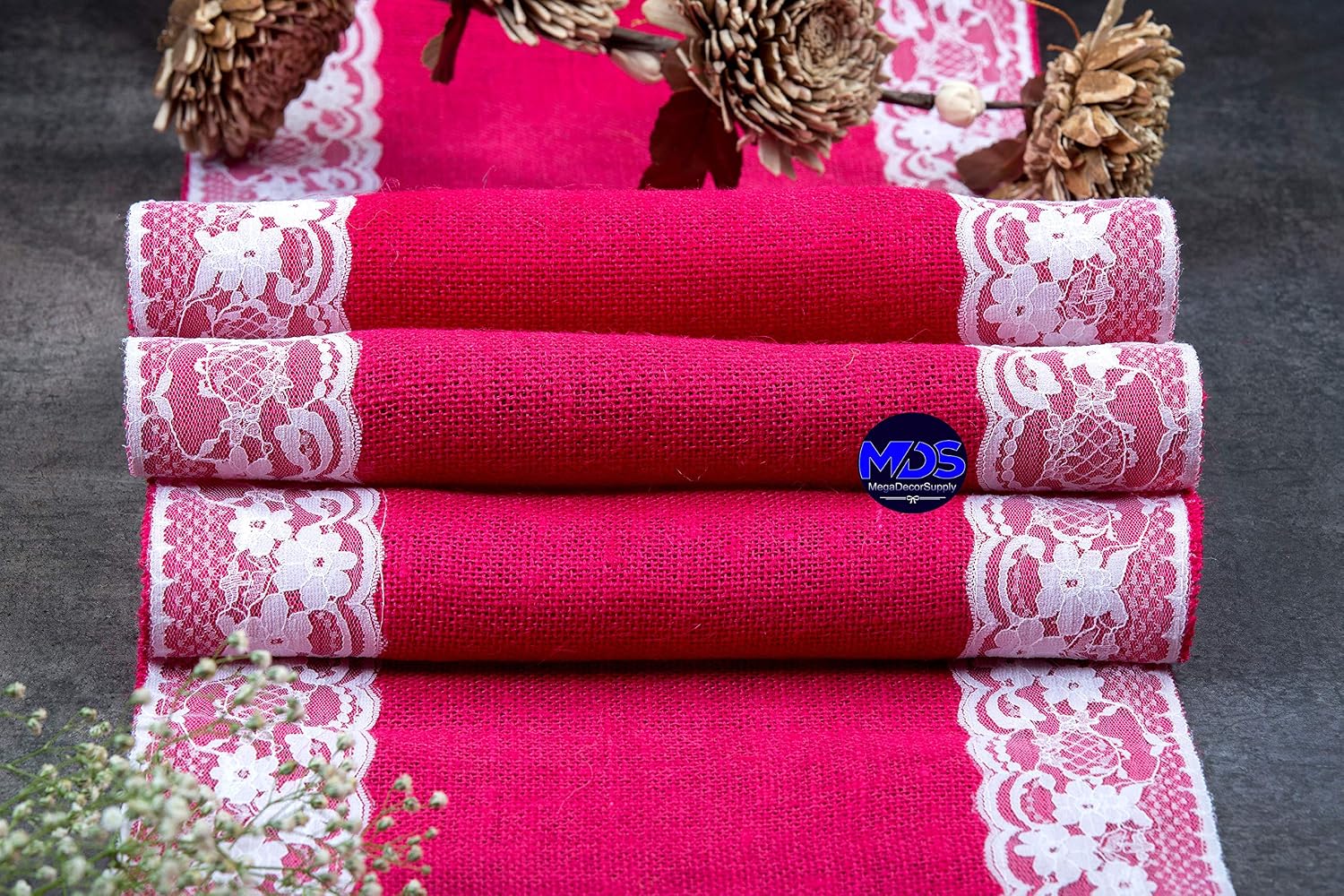 MDS Pack of 15 Wedding 12 x 108 inch Burlap Lace Hessian Table Runner Rustic Magenta Jute Country Vintage for Wedding Banquet Decoration – Magenta Lace Jute Burlap
