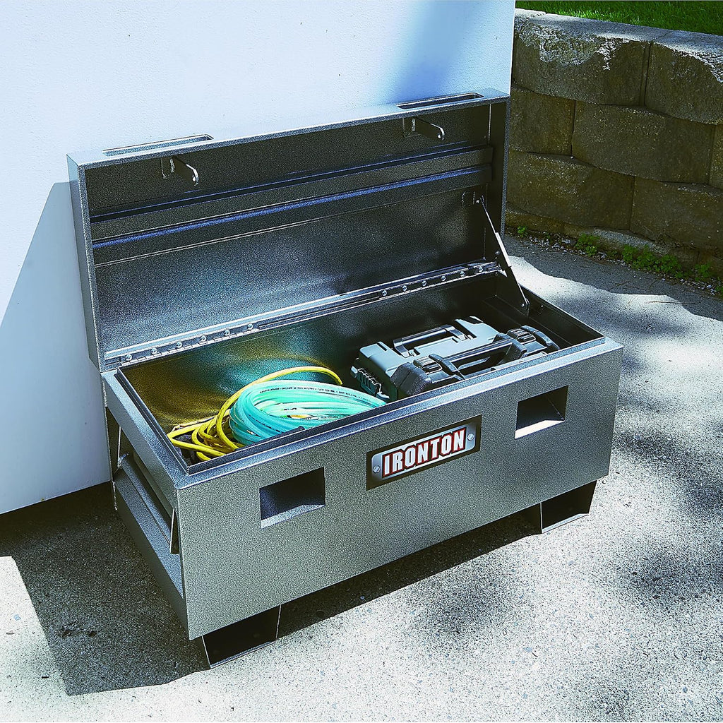 Ironton 36in. Jobsite Box – Heavy-Duty Steel Construction with Lockable Lid, 16-Gauge Powder-Coated Tool Storage Chest for Jobsite Equipment, Gray