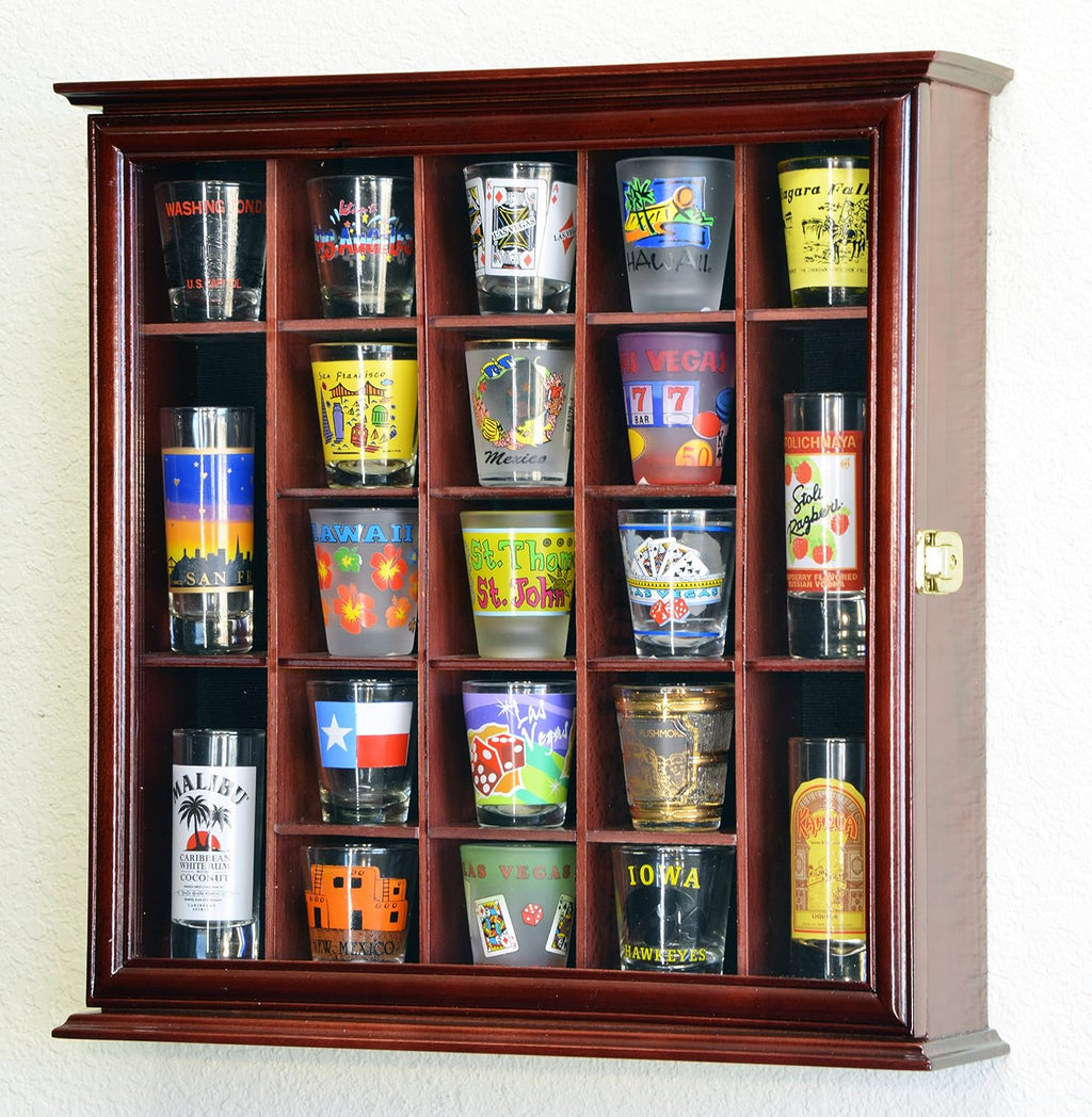 sfDisplay.com,LLC. 21 Shot Glass Shotglass Shooter Display Case Holder Cabinet Wall Rack 98% UV Lockable