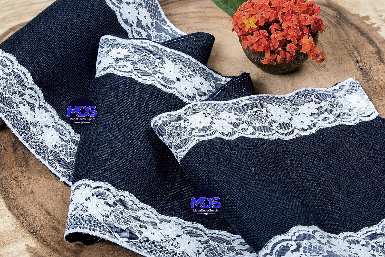MDS Pack of 15 Wedding 12 x 108 inch Burlap Lace Hessian Table Runner Rustic Navy Blue Jute Country Vintage for Wedding Banquet Decoration – Navy Blue Lace Jute Burlap