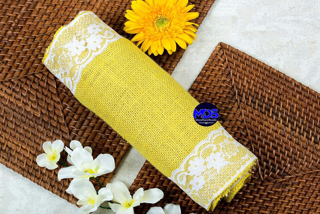 MDS Pack of 15 Wedding 12 x 108 inch Burlap Lace Hessian Table Runner Rustic Yellow Jute Country Vintage for Wedding Banquet Decoration – Yellow Lace Jute Burlap